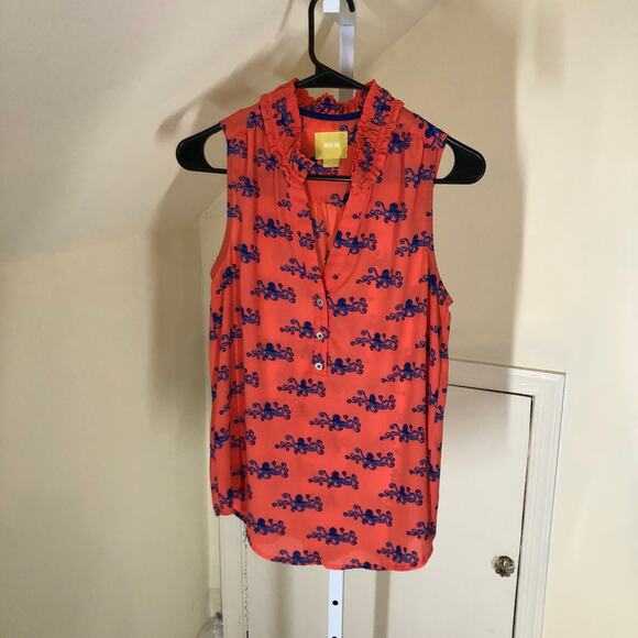 Anthropologie Maeve EUC Women's Orange Ruffle Sleeveless Octopus Blouse Size 2 - Picture 2 of 6